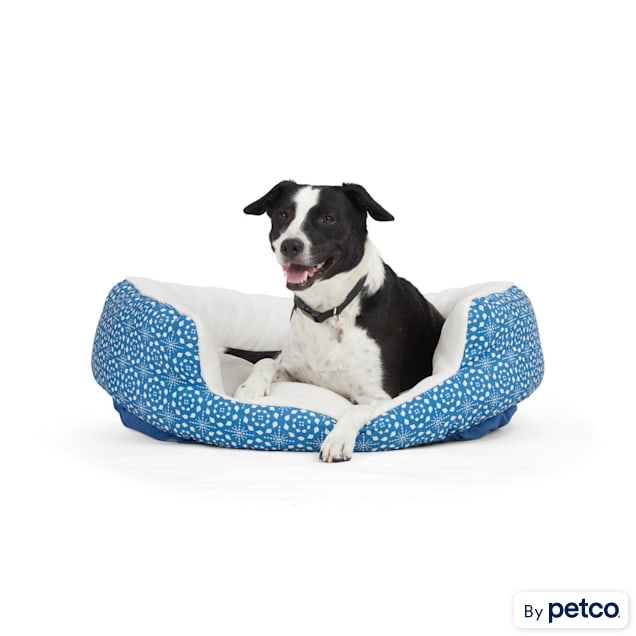 Bolster Dog Bed Blue Geometric Pattern Plush Interior