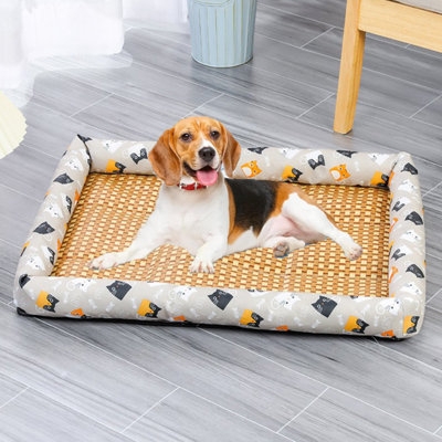 Bolster Pet Bed Cat Print Fabric Woven Cooling Center
