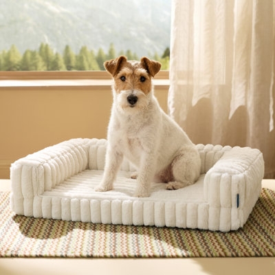 Bolstered Dog Sofa, Ribbed Plush Texture, White Lounge