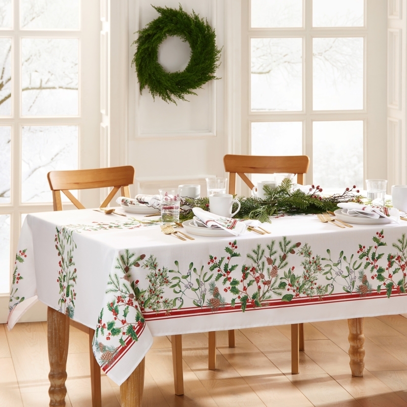Botanical Border Tablecloth Mistletoe & Striped Trim