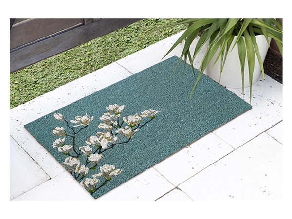 Botanical Doormat Magnolia Motif Teal Coir Coastal Style Floral