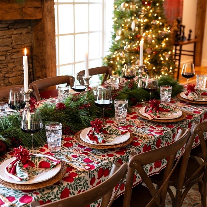 Botanical Pomegranate Vine Print Rustic Tablecloth