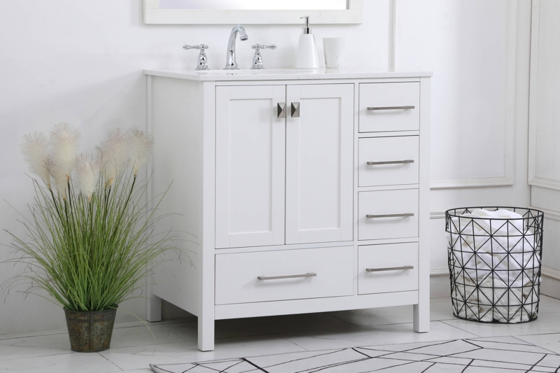 Bright Vanity with Five Drawer Layout and Marbled Quartz Top