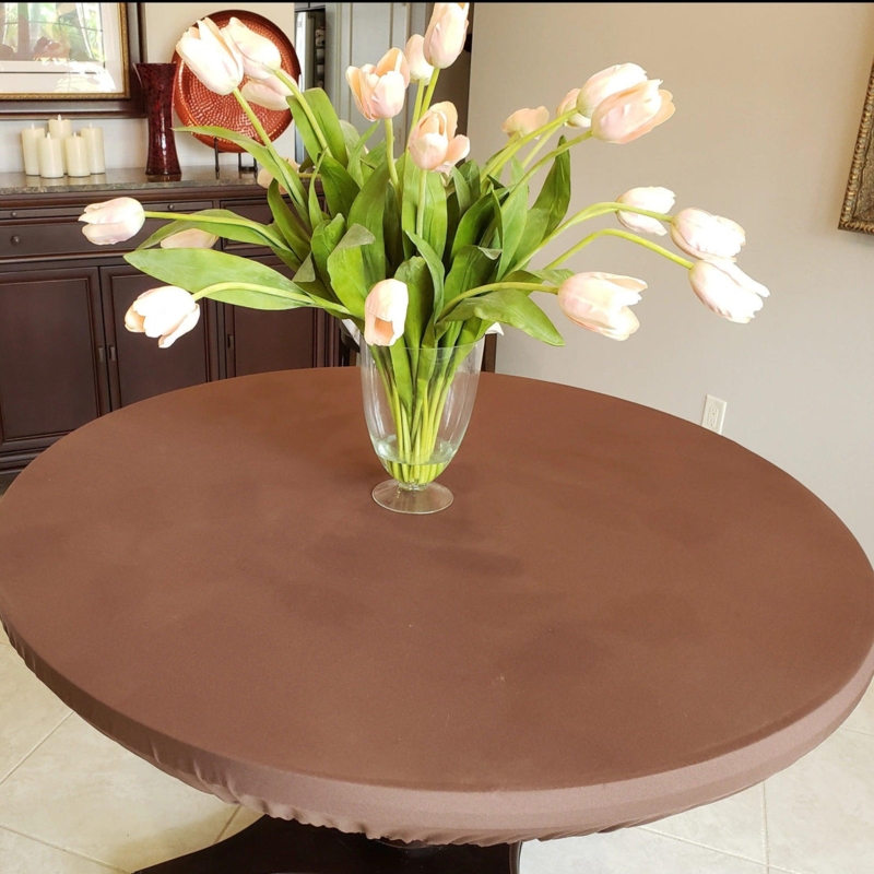 Brown Fitted Tablecloth Round Elastic Edge Solid Color Chocolate Earthy