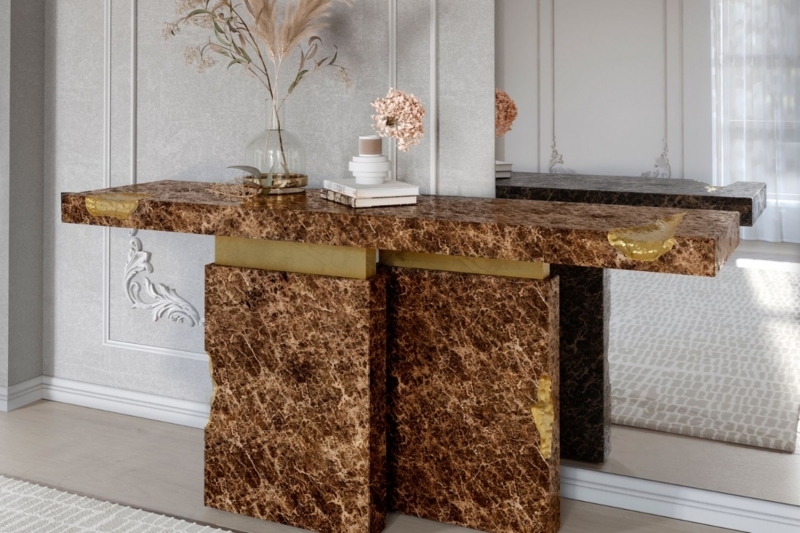 Brown Stone Console Table Jagged Gold Accents Pedestal Base