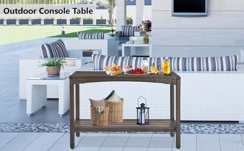 Brown Wicker Console Table All-Weather Outdoor Sideboard