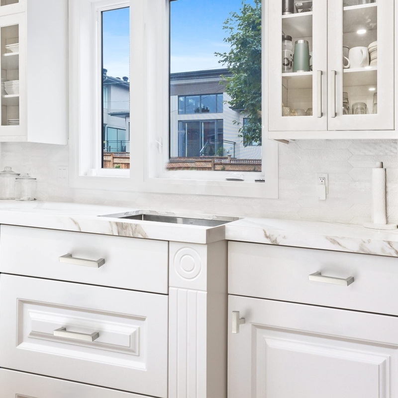 Brushed Nickel Square Cabinet Pulls for Modern White Shaker Kitchens