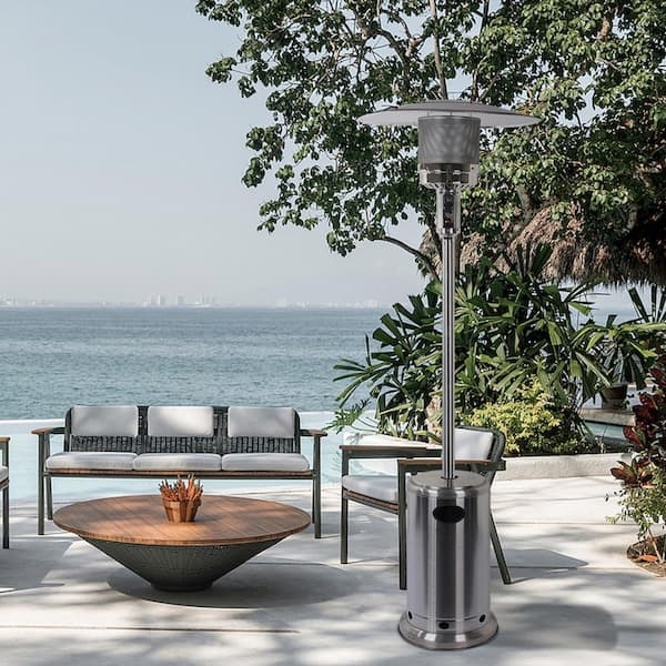 Brushed Stainless Steel Patio Heater, Luxury Poolside Heating Solution.
