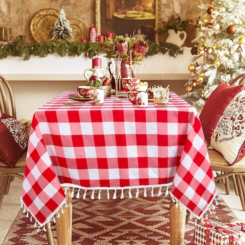 Buffalo Plaid Tablecloth in Festive Red and White with Tassel Trim