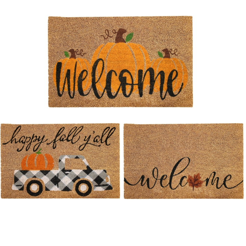 Buffalo Plaid Truck Doormat, Rustic Coir with Fall Harvest Motifs