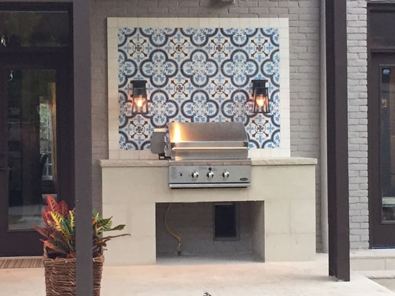 Built In Grill, Patterned Tile Backsplash, Stone Island