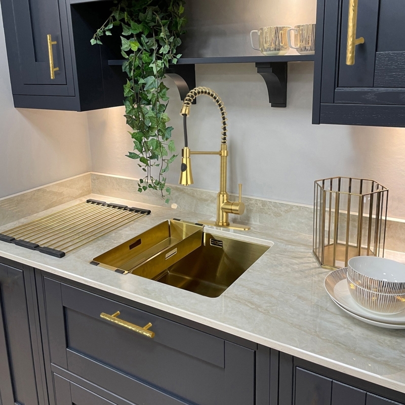 Cabinet Handle Hammered Gold on Navy Blue Cabinets