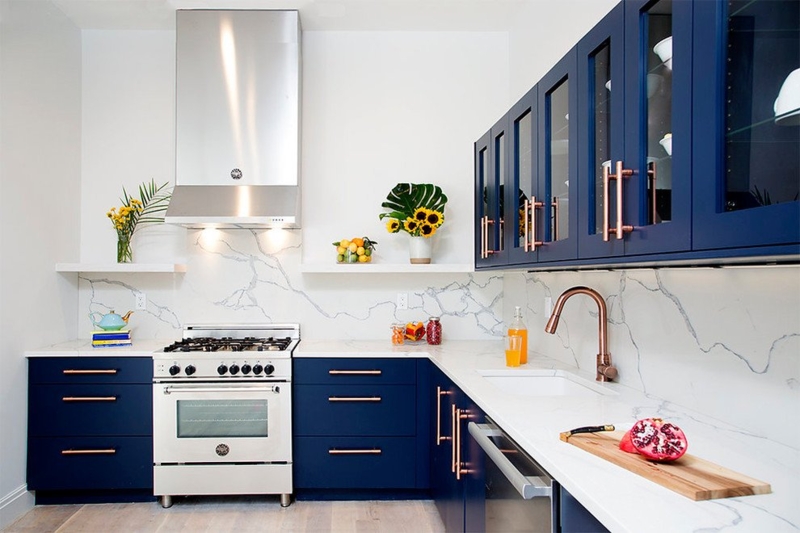 Cabinet Hardware Copper Bar Pulls Navy Blue Marble Slab