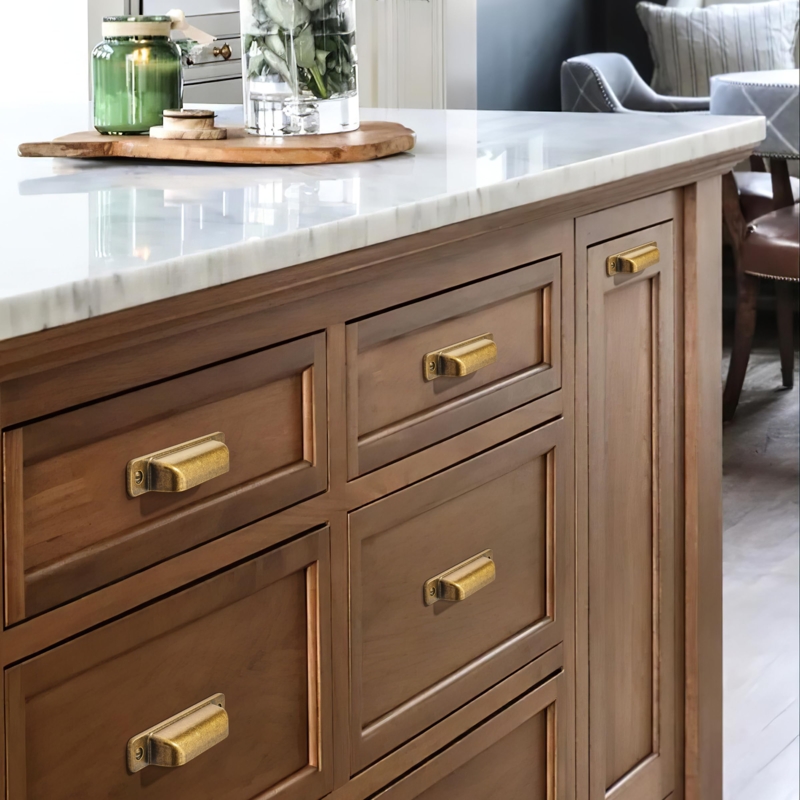 Cabinet Pulls: Antique Brass Cup Style on Inset Wood Drawers