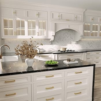 Cabinet Pulls Brushed Gold with Black Marbled Island
