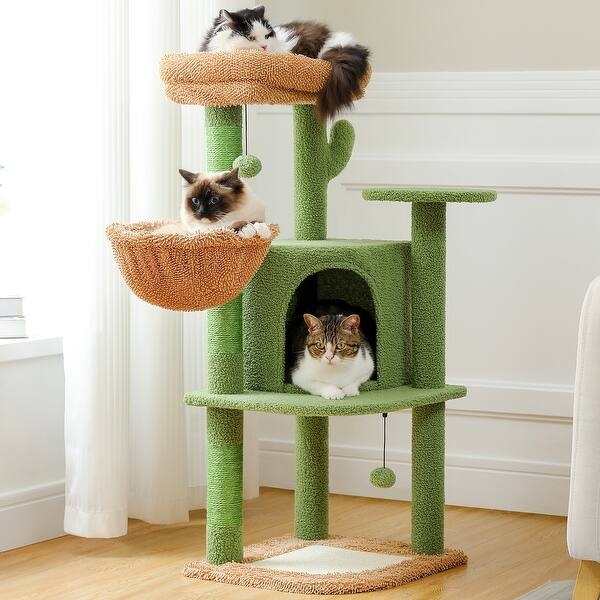 Cactus-Shaped Cat Tree With Shaggy Plush Beds & Sisal Posts