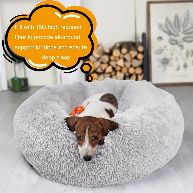 Calming Donut Pet Bed Light Grey Shaggy High Rebound Fiber