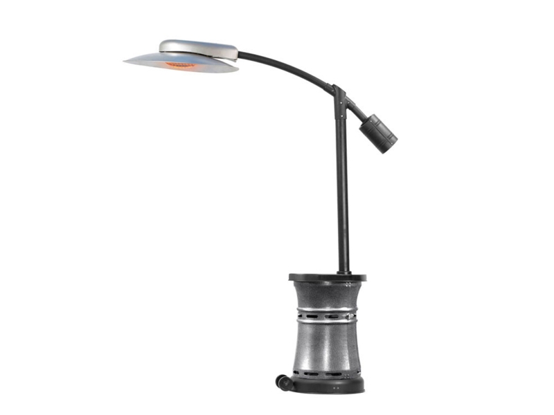 Cantilever Infrared Patio Heater, Arced Arm Hammered Finish Stand.