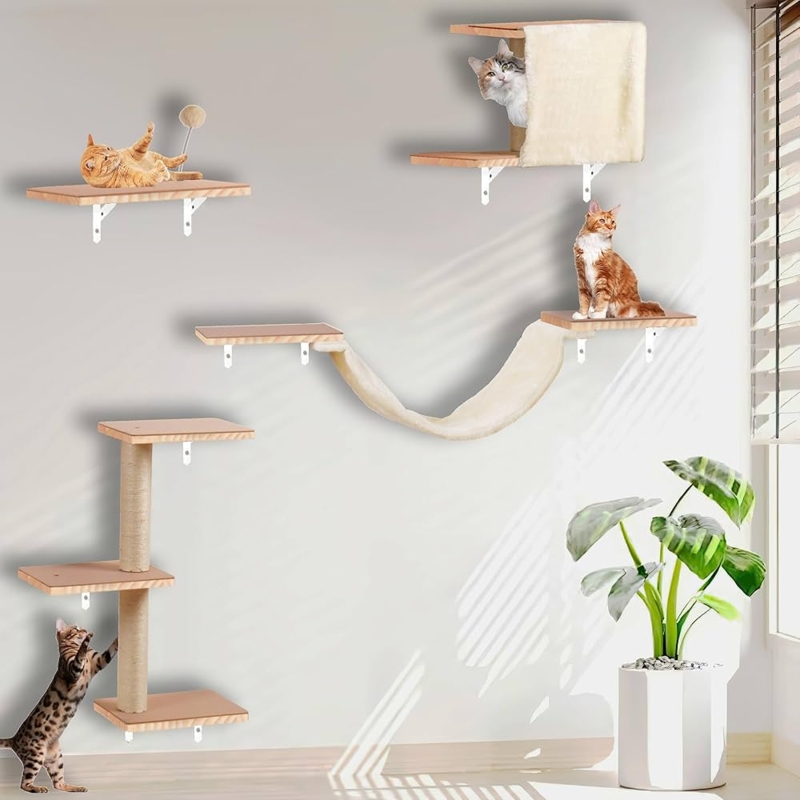 Cat Furniture Set Light Wood Wall Mount Condo Hammock (58 chars)