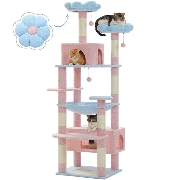 Cat Tower Flower-Shaped Perches Pastel Pink Blue