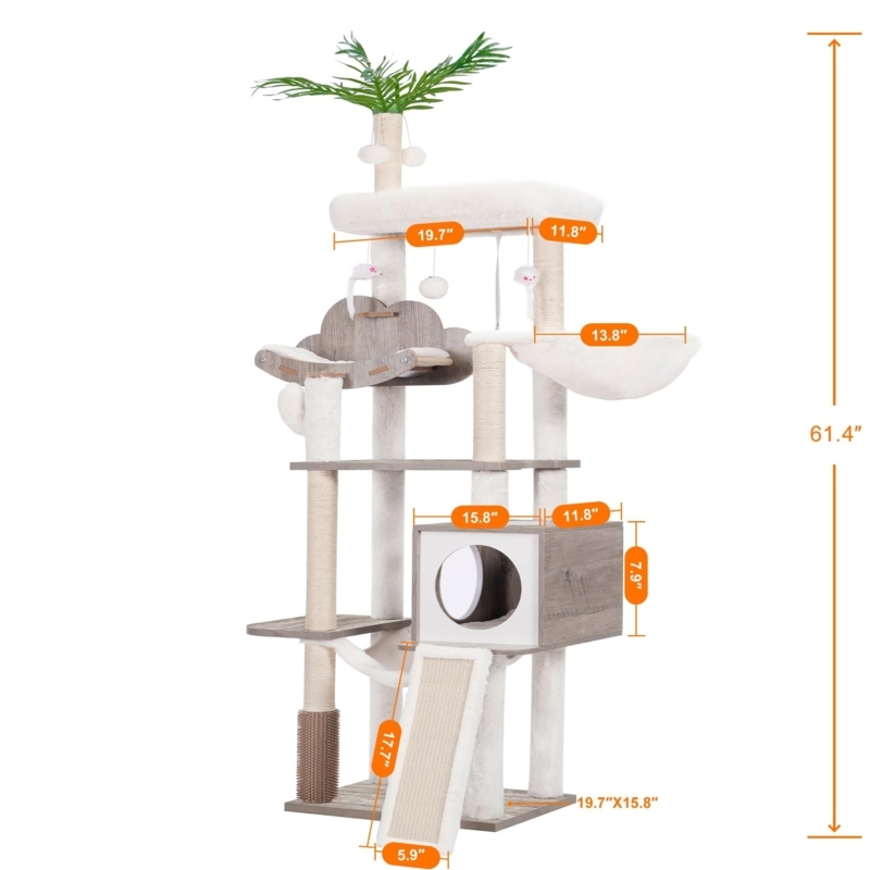 Cat Tower With Palm Tree Topper & Scratching Ramp, Gray Wood