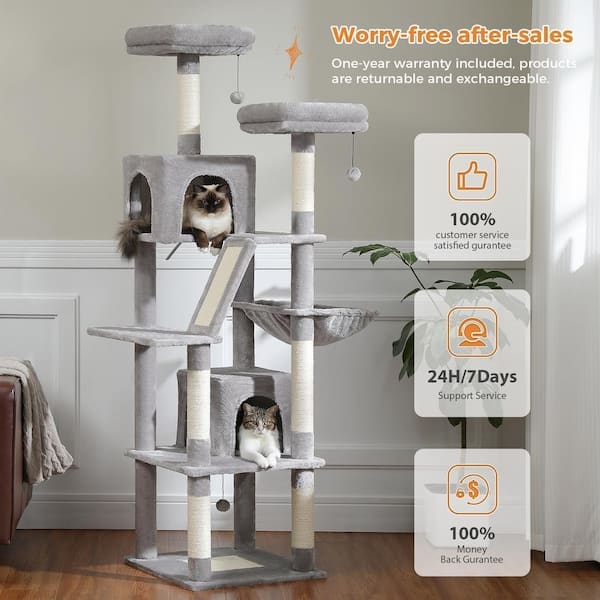 Cat Tower with Scratching Ramp, Bolstered Perches, and Neutral Gray Plush