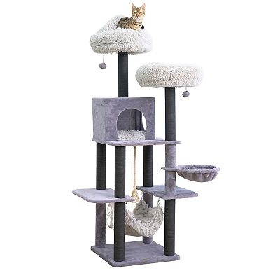 Cat Tree, 7-Level Design, Hanging Hammock, Charcoal Gray & White