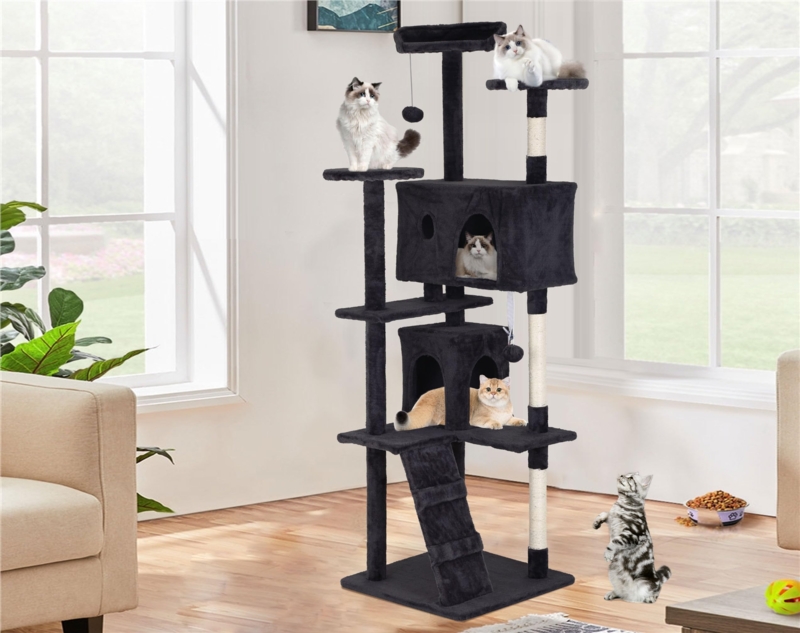 Cat Tree 70 Inch Dual Condos Dark Grey Plush Tall Ramp