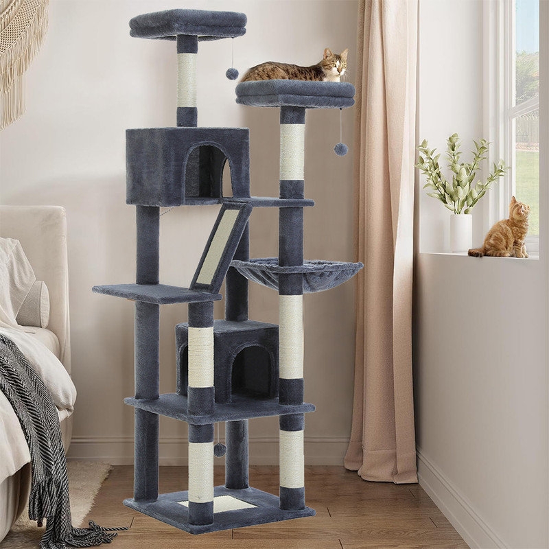Cat Tree, 71 Inch Height, Charcoal Grey Plush, Hammock, Dual Condos