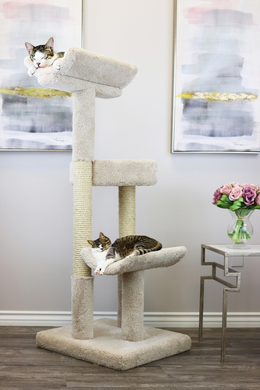 Cat Tree Beige Carpeted Heavy Duty Base Curved Beds Sisal Posts