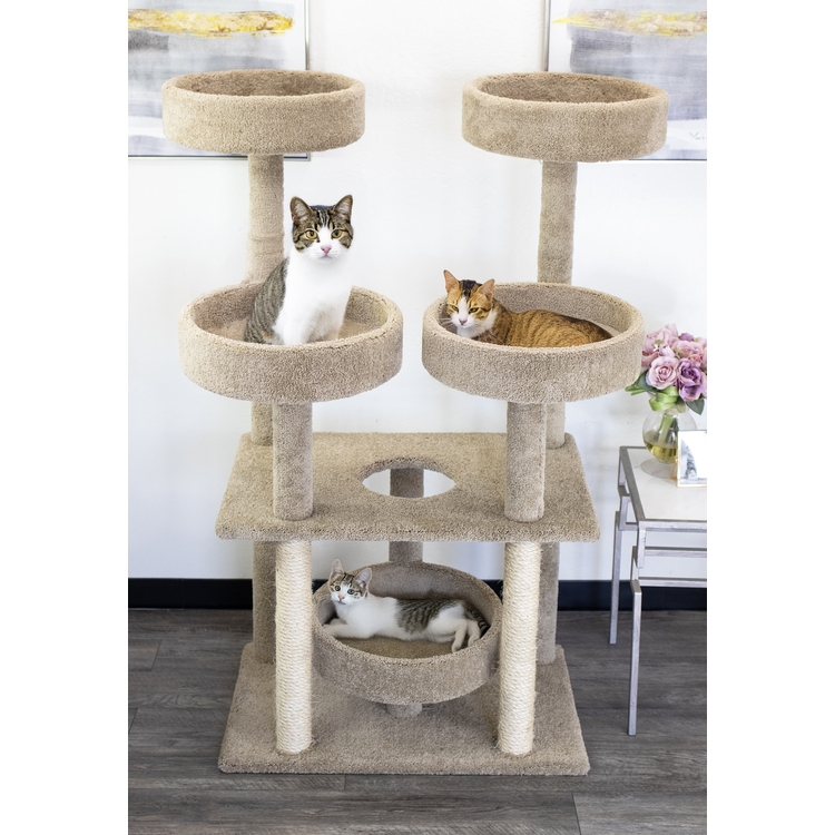 Cat Tree Beige Neutral Carpet Extra Large Scale Four Bolstered Beds