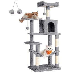 Cat Tree Bolstered Top Perch Light Gray Plush Integrated Hammock