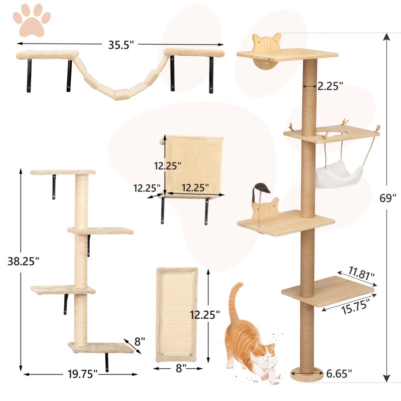 Cat Tree Climbing Center Wall Mount Natural Wood Beige (58 chars)
