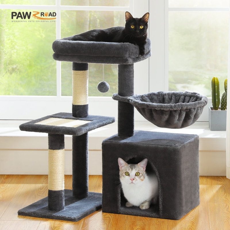 Cat Tree Compact Design Charcoal Plush Integrated Hammock