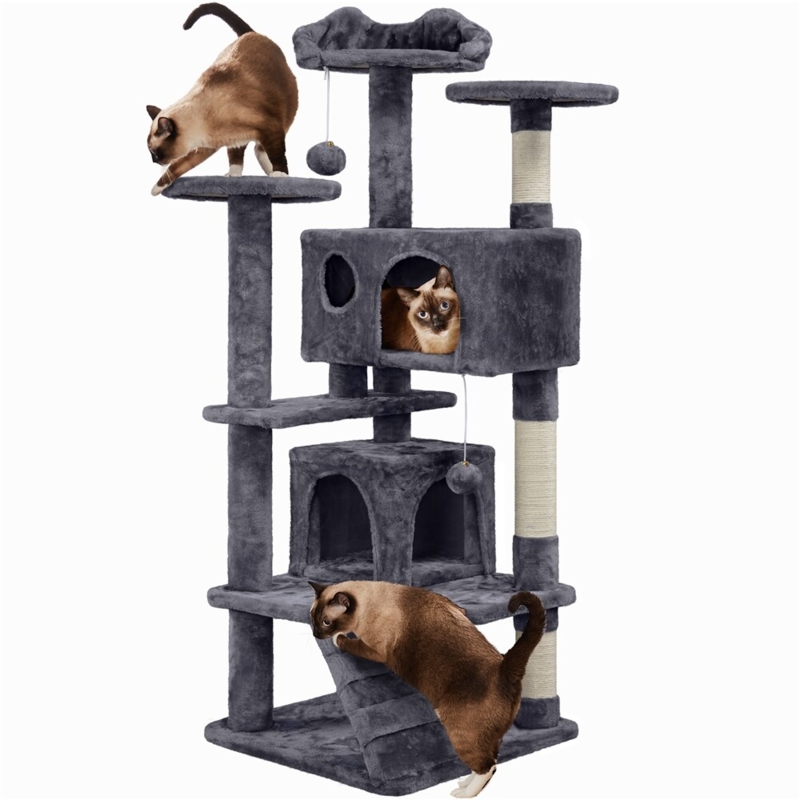 Cat Tree Dark Gray Plush Integrated Ladder Dual Condos Multi-Level