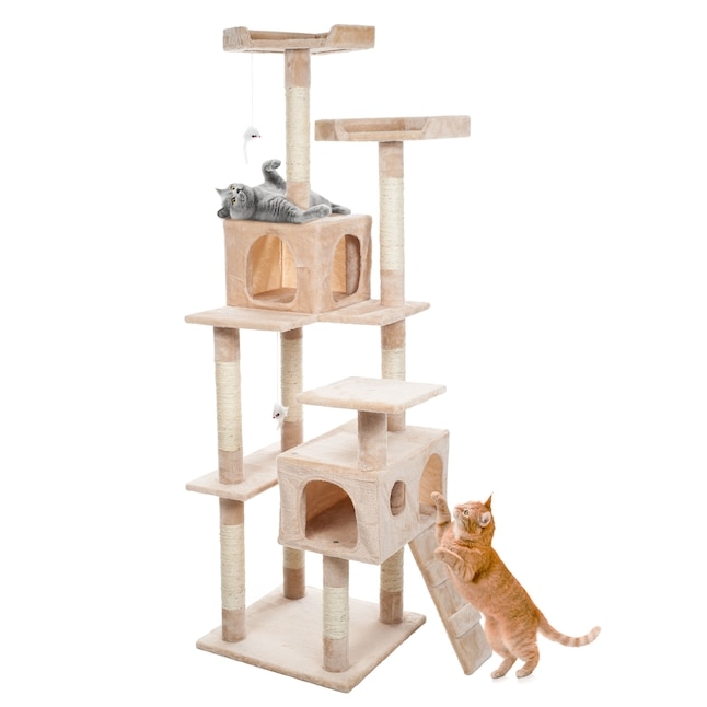 Cat Tree Dual Enclosed Condos Beige Plush Integrated Climbing Ramp