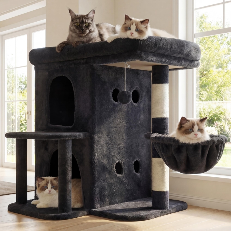 Cat Tree Dual Layer Condos Smoky Gray Plush Hanging Basket