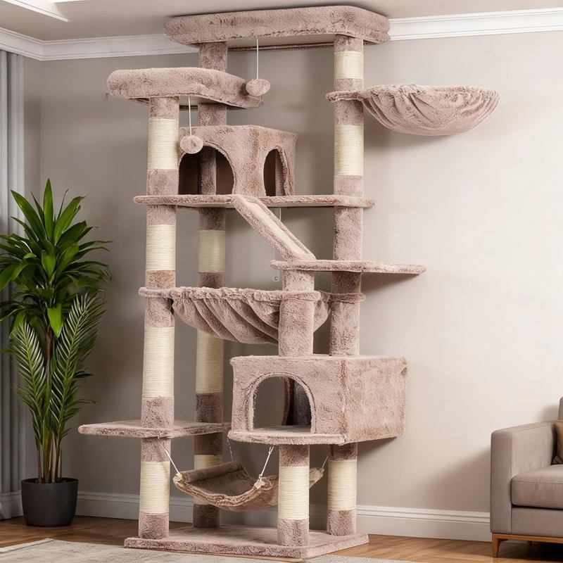 Cat Tree Dusty Rose Plush Tall Tower with Hammocks & Condos