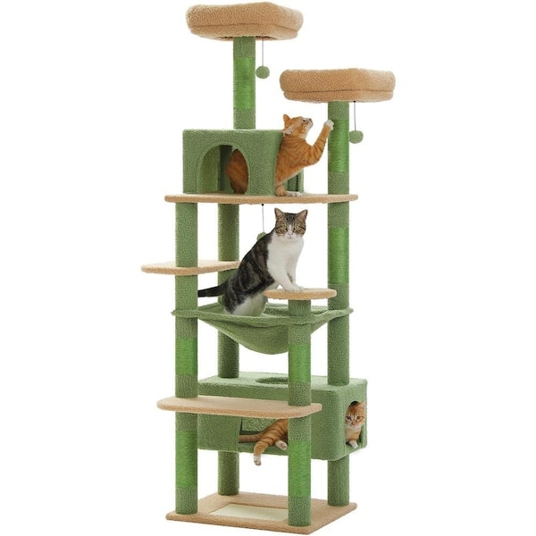 Cat Tree Forest Green & Beige Tall Tower Sisal Posts Multi-Cat Design