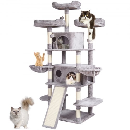 Cat Tree Grey Monochromatic Plush Hammock Basket Integrated Ramp