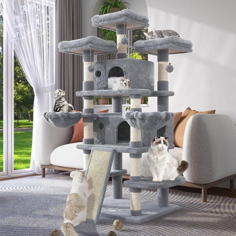 Cat Tree Grey Plush Integrated Scratching Ramp Extra Tall Tower