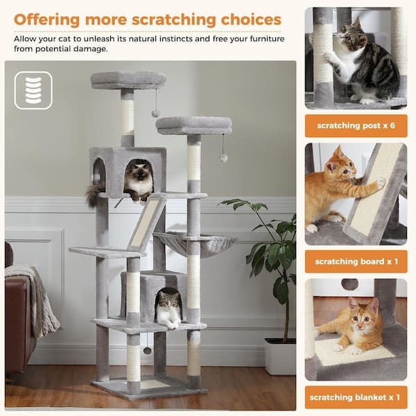 Cat Tree, Hanging Toys, Scratching Ramp, Dual Condos, Plush Fabric