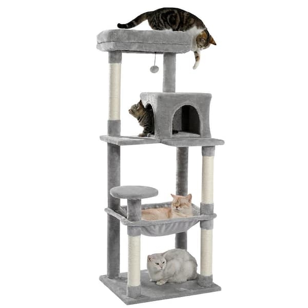 Cat Tree Integrated Hammock Plush Fabric Sisal Rope Gray