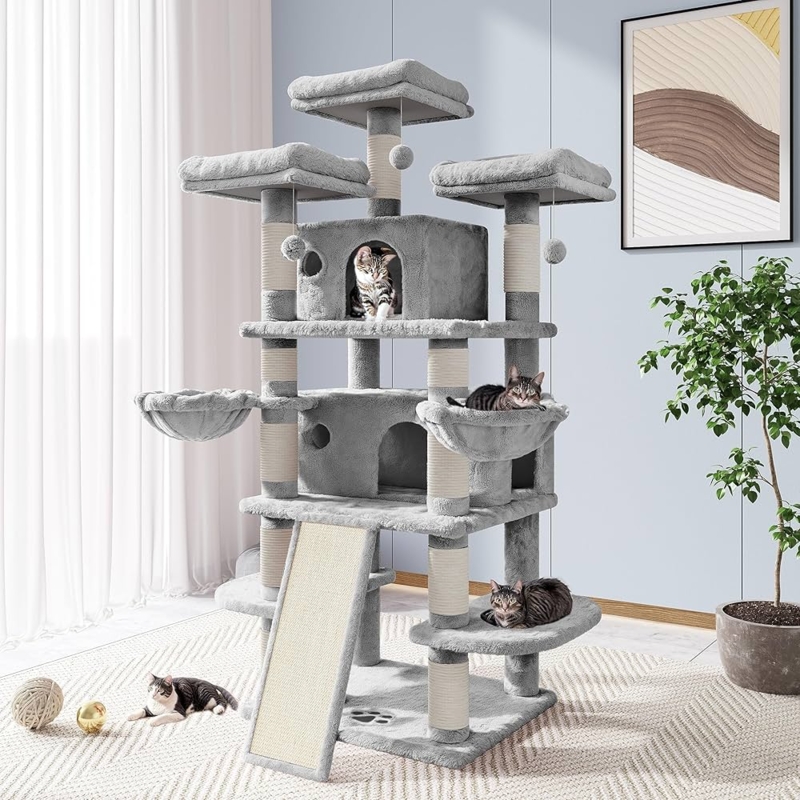 Cat Tree, Integrated Scratching Ramp, Dual Condos, Plush Tower