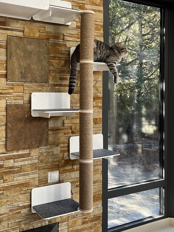 Cat Tree Modern Wall Mounted Sleek Perches White Sisal Rope Posts
