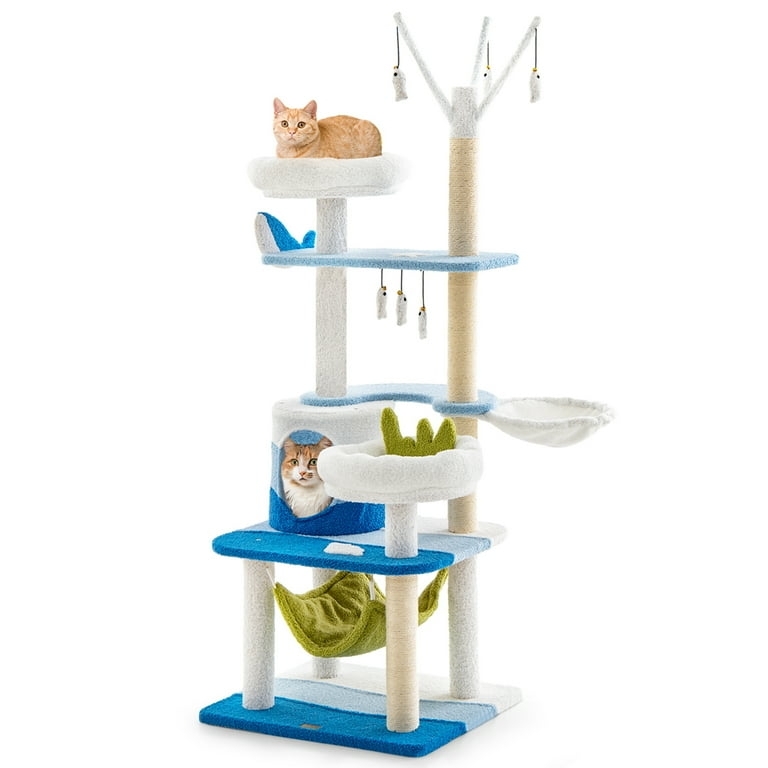 Cat Tree Ocean Themed Blue & White Whale Accents Hammock & Condo