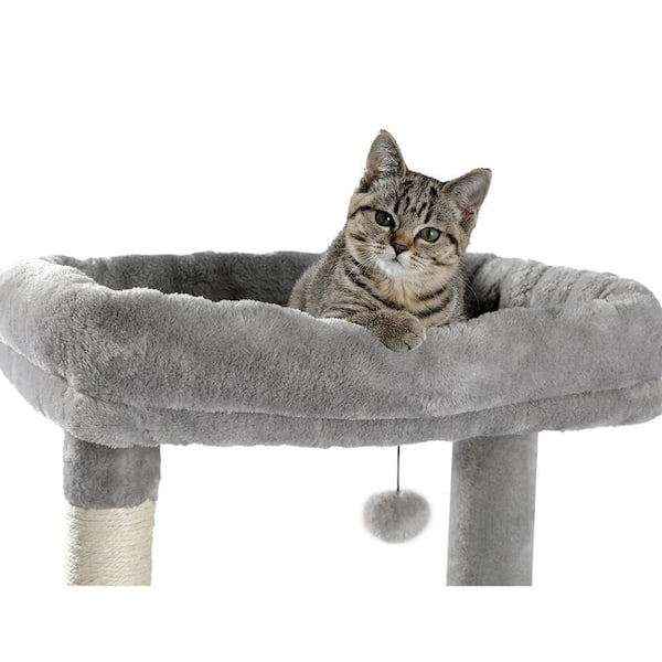 Cat Tree Perch with Raised Rim and Dangling Plush Ball Toy, Light Grey