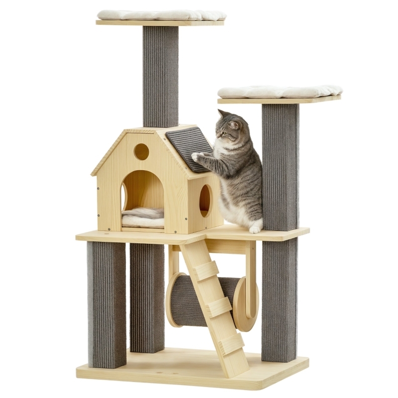 Cat Tree Rotating Roller Gabled Condo Light Wood