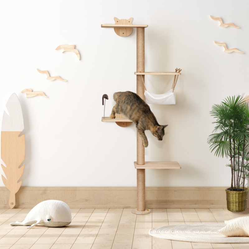Cat Tree Scandinavian Style Wall Tower Cat Ear Detail Light Wood