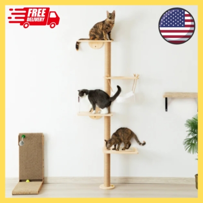Cat Tree Sisal Wrapped Wall Pole Integrated Hammock Light Wood